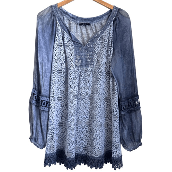 UNE Women M/L Tunic Sheer Crochet Lace Long Sleeve Swimsuit Cover Up Gray Italy - Picture 1 of 10
